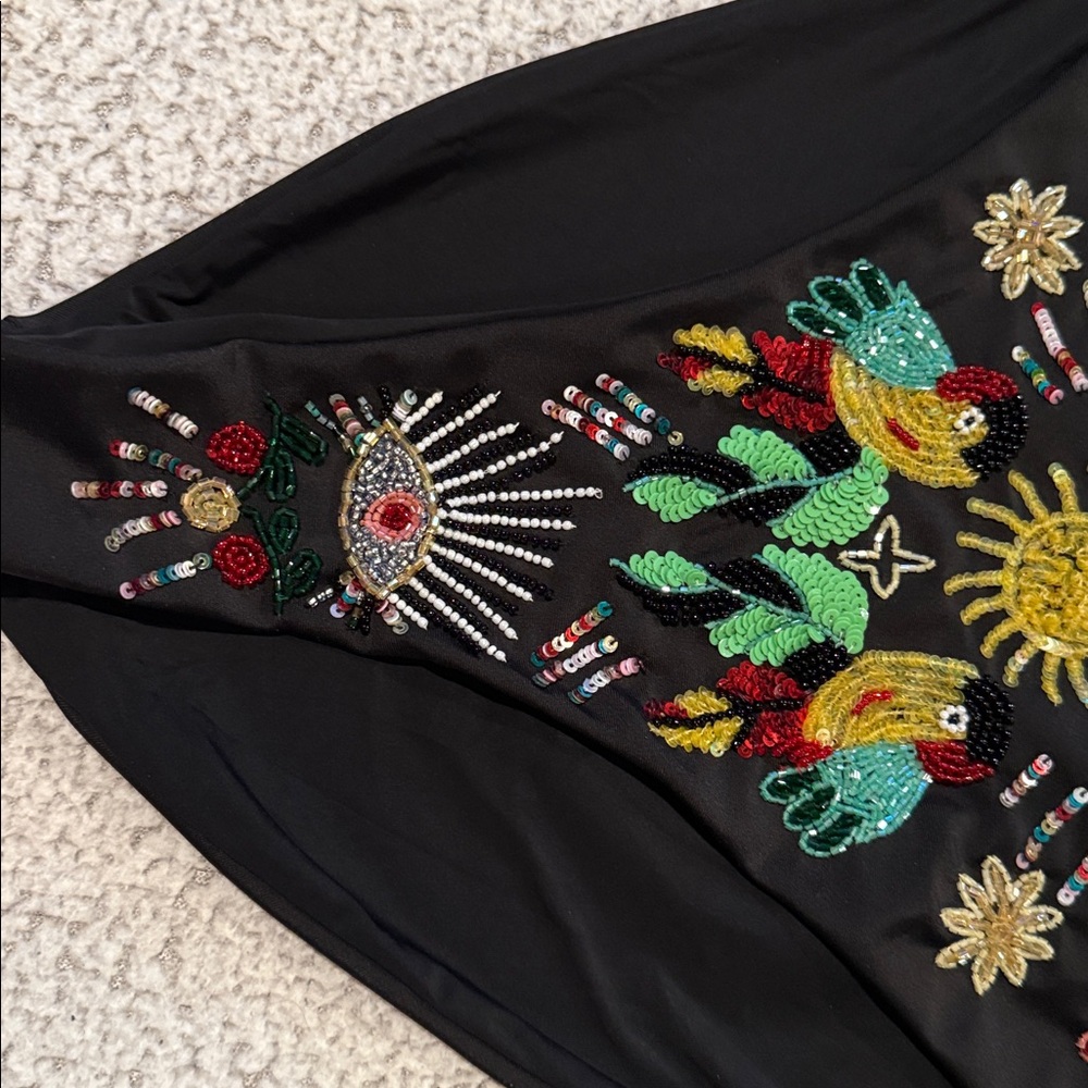 Oceanus Hand-Beaded Jungle One Piece Swimsuit – Black – Size L – Rare - Picture 7 of 11